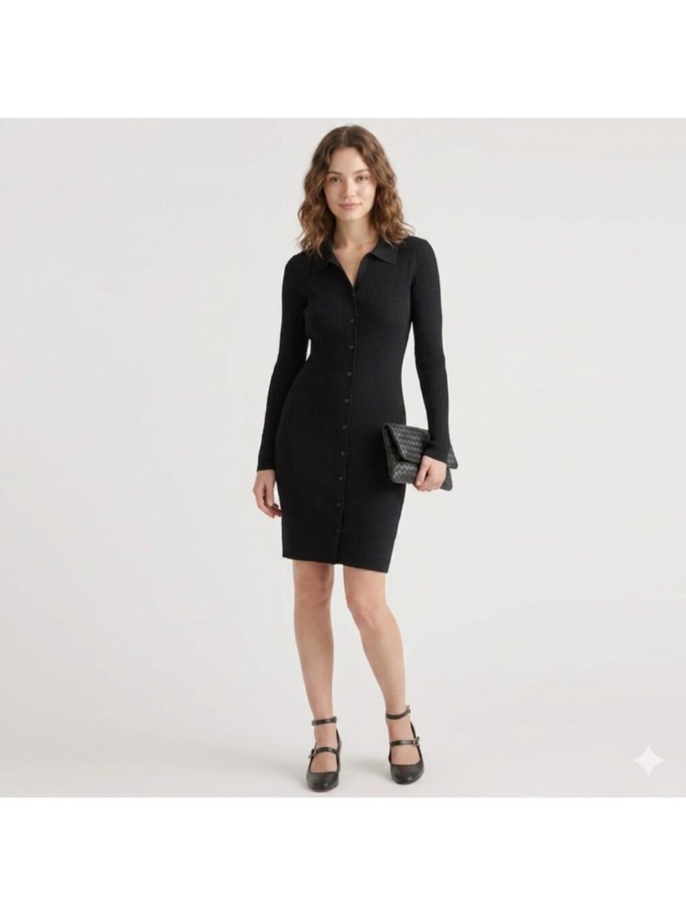 Quince Eco-Knit Button-Up Sweater Dress in Black size L Large Collared Midi